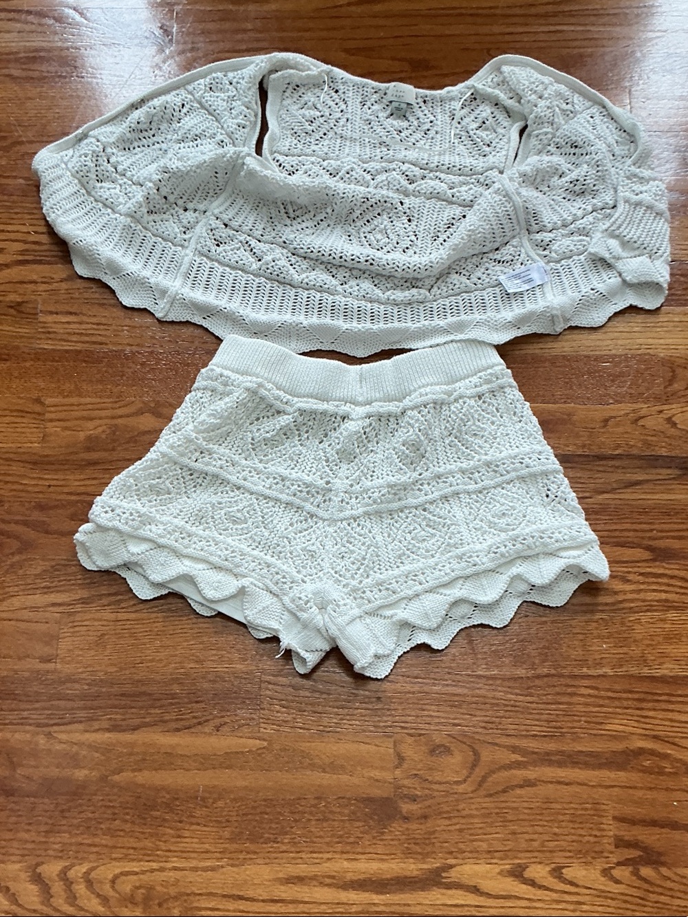 Cream Crochet Knit Two-Piece Set - Cropped Top & Shorts